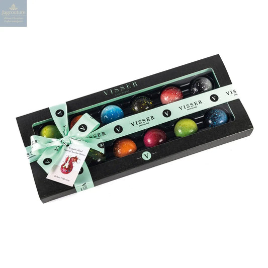 Deluxe gift box of 12 Midi Picasso chocolates with menu tag Jag Couture Chocolates